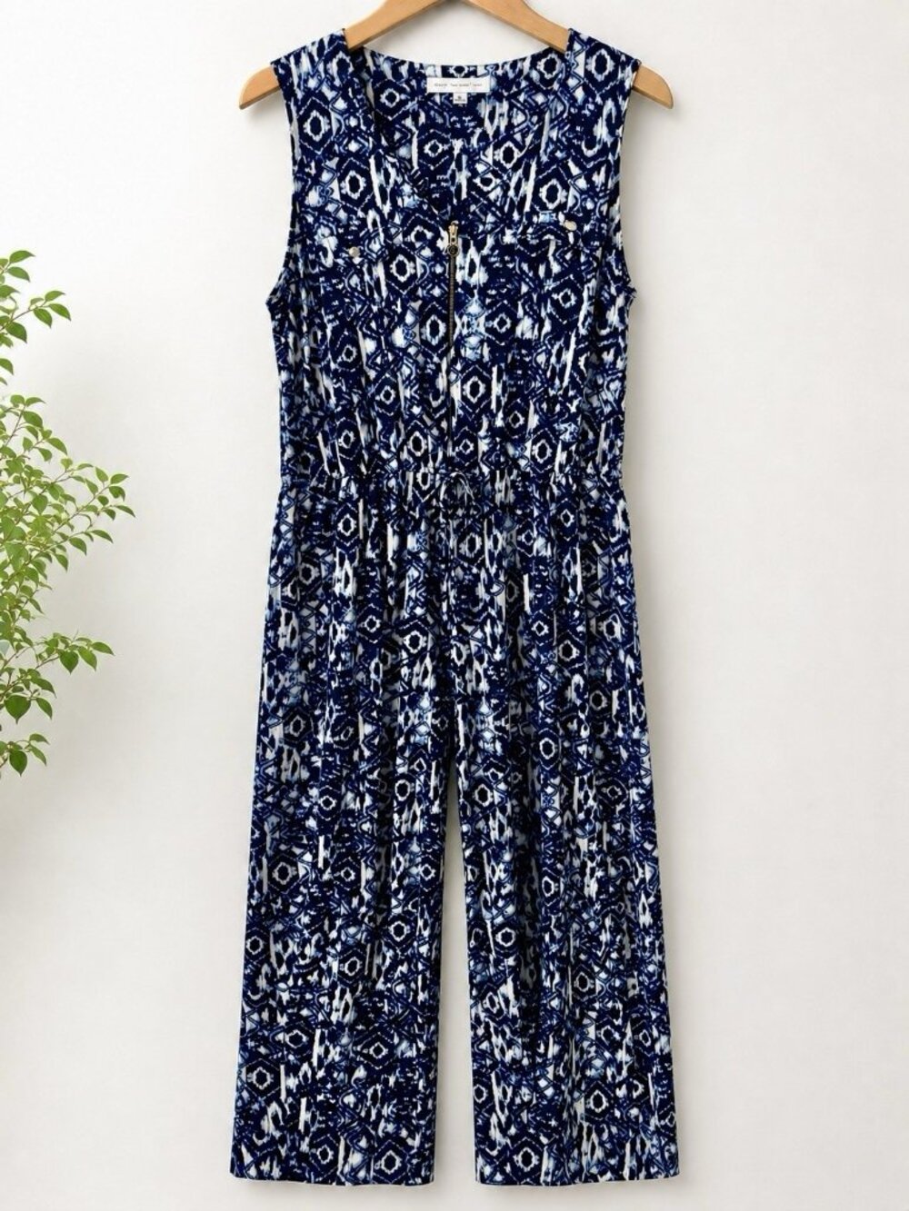 Emma & Michele Women’s XL Wide Leg Jumpsuit Blue Black Geometric Sleeveless